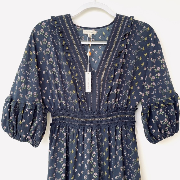 Max Studio Crepe Empire Waist Dress 3/4 Tiered Bubble Sleeves V-Neck Layered - Picture 9 of 13